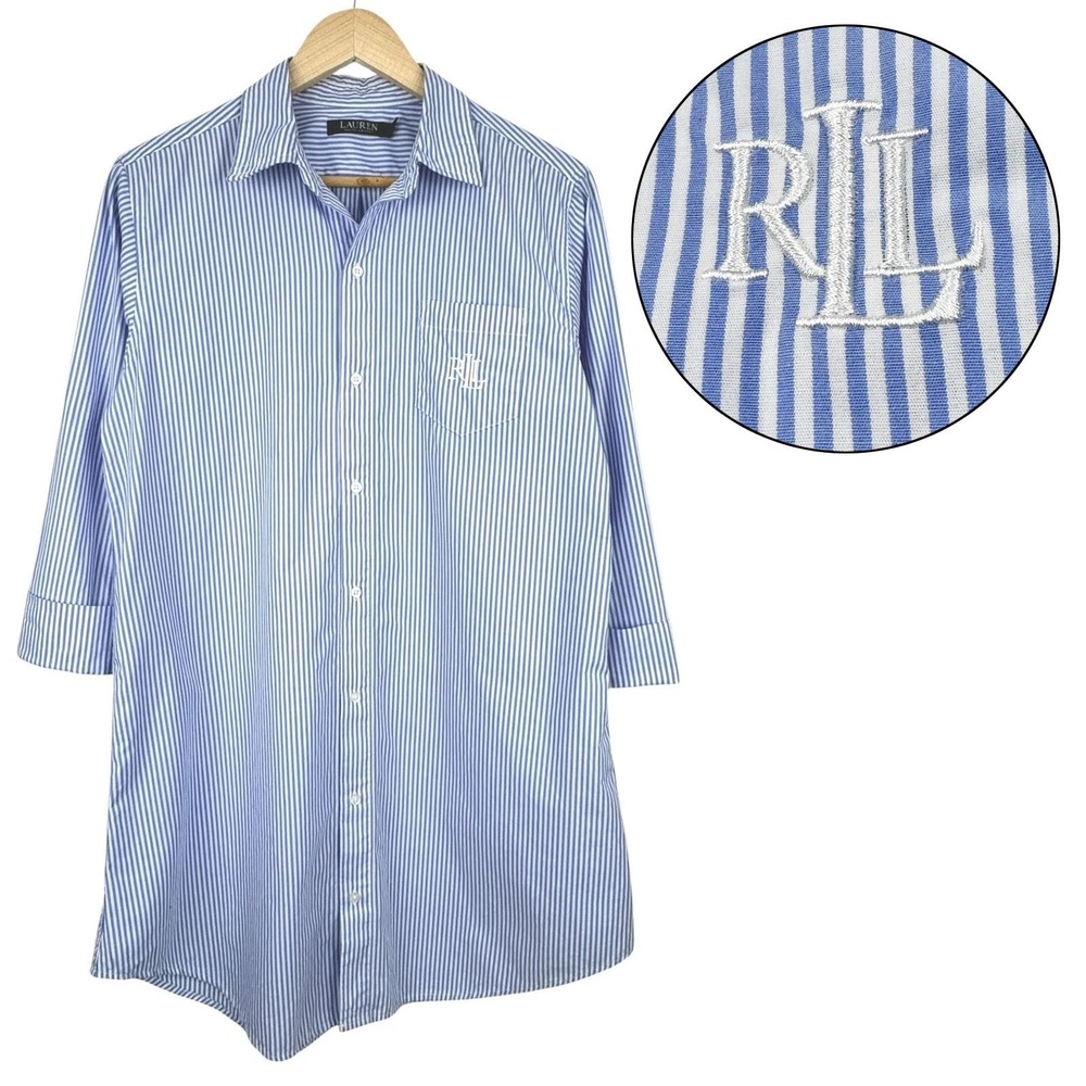 LRL Ralph Lauren Blue Stripe Tunic Shirt Dress Sleepshirt  Sz L Cotton Logo